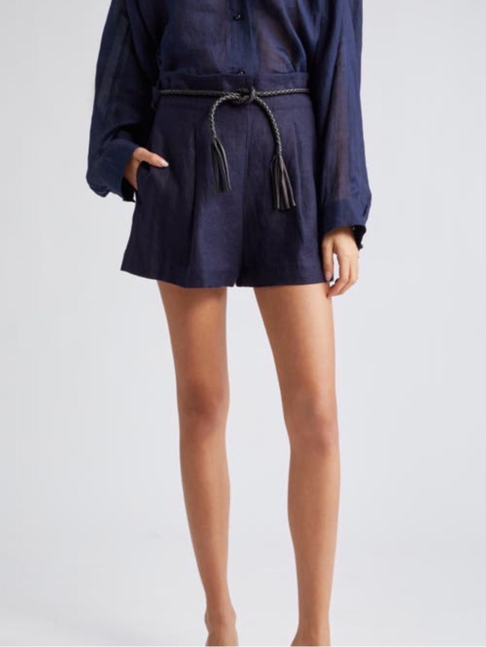 Zimmermann Navy High-Waist Shorts with Braided Belt 0P